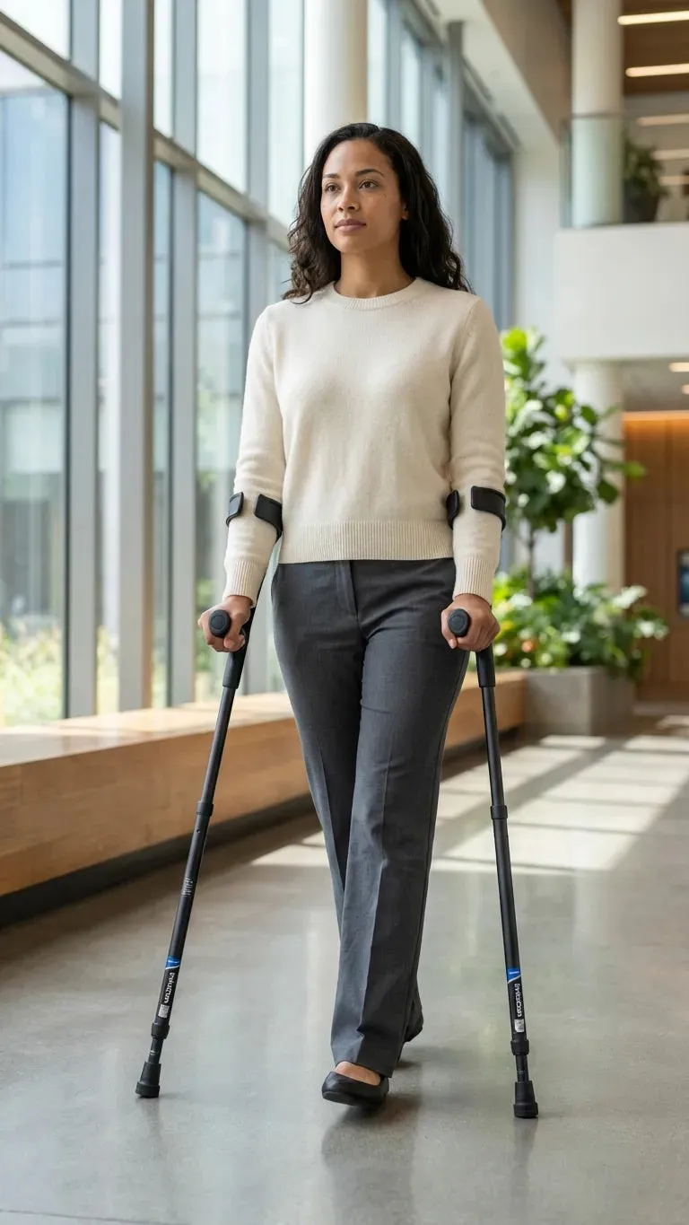 Una persona de pie frente a un escritorio en una oficina, con muletas de antebrazo in-Motion Pro en ambas manos.