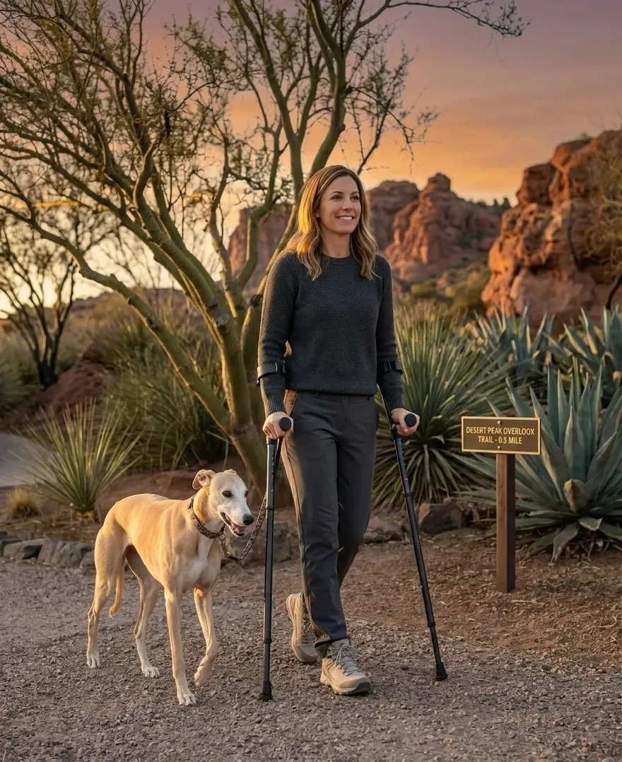 Una persona camina por un sendero de tierra con su perro, usando muletas de antebrazo in-Motion Pro.